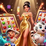 Win big at CM88 with vibrant casino illustration featuring a glamorous woman, lucky tiger, and slot elements.