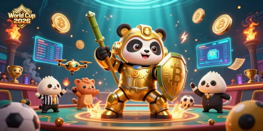 Experience exciting World Cup 2026 action with golden panda in a casino arena surrounded by betting elements.