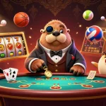 Engage in thrilling gameplay with SKY88 as the jolly walrus plays poker underwater with animated Casino elements.