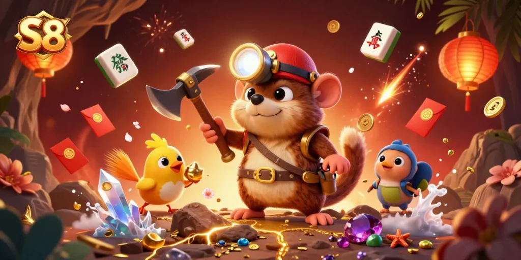 S8 introduces a treasure hunter mole mining gems in a rich casino scene filled with vibrant gaming elements.