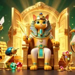 Experience the excitement at 66b with a 3D casino scene featuring a pharaoh cat and treasures.