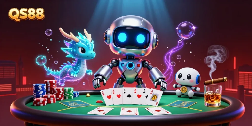 Engage in thrilling poker battles with QS88's vibrant 3D cyberpunk casino scene.