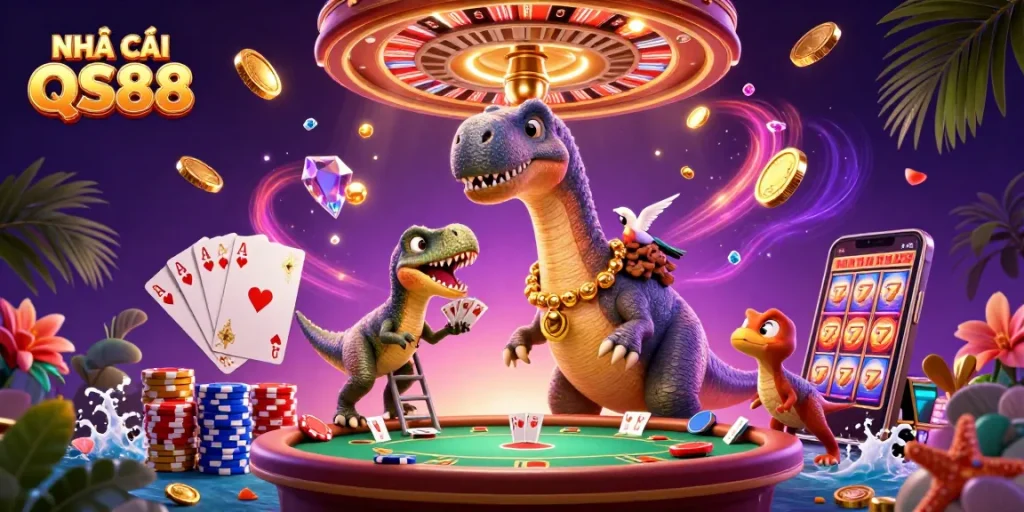 Catch the excitement at NHÀ CÁI QS88 as a brontosaurus oversees a vibrant casino scene.