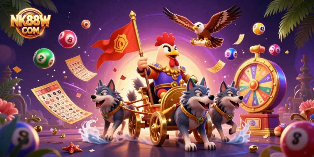 Engage in thrilling lottery action at NK88W COM with a vibrant scene of games and characters.