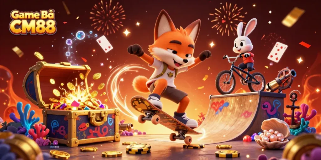 Play thrilling Game Bài CM88 as the fox skater and rabbit perform dynamic stunts over golden chips.