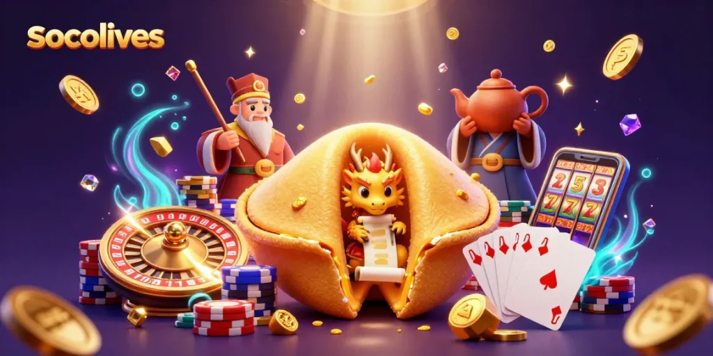 Socolives offers thrilling online betting experiences with vibrant 3D illustrations showcasing rich casino elements.