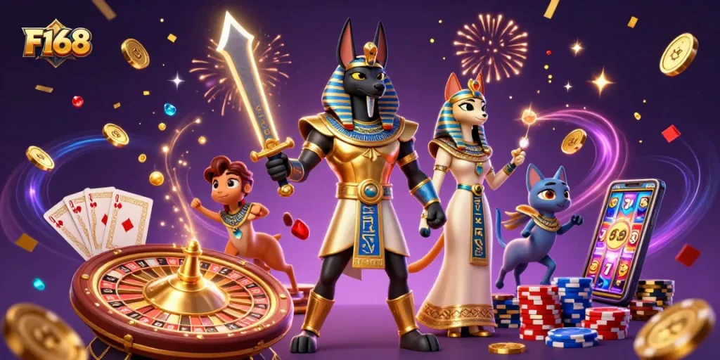Experience thrilling gaming action at F168 with unique characters and dynamic casino elements.