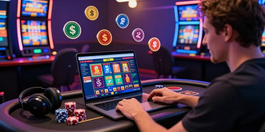 Player enjoying online casinos that accept credit cards in a lively gaming environment with colorful dashboard and gaming accessories.