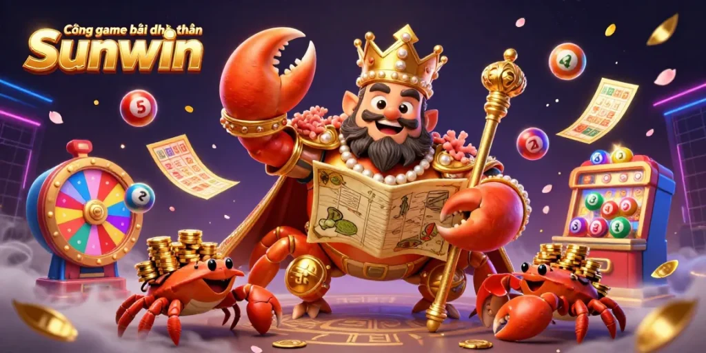 Cổng game bài đổi thưởng Sunwin features a golden crab emperor amid vibrant lottery elements and riches.