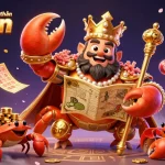 Cổng game bài đổi thưởng Sunwin features a golden crab emperor amid vibrant lottery elements and riches.