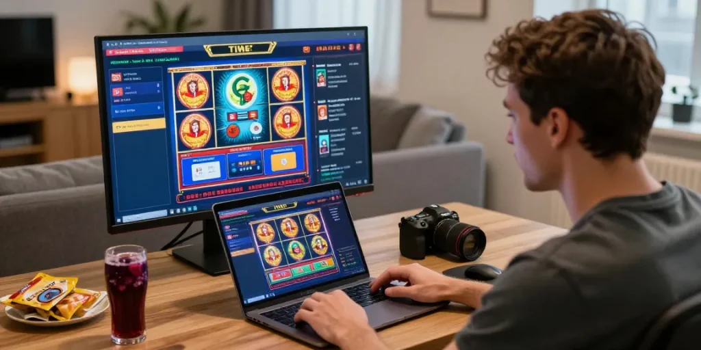 Player engaged in live dealer game showcasing credit card casinos UK in a vibrant home setting.