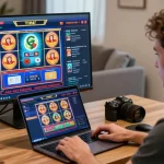 Player engaged in live dealer game showcasing credit card casinos UK in a vibrant home setting.