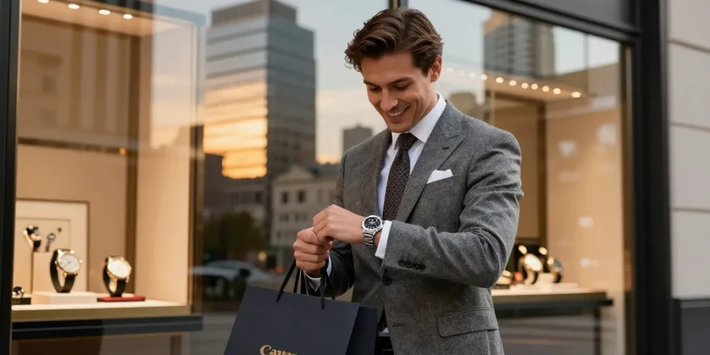 Stylish man checking his replica watch in an upscale urban setting, showcasing elegance and sophistication.