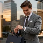 Stylish man checking his replica watch in an upscale urban setting, showcasing elegance and sophistication.