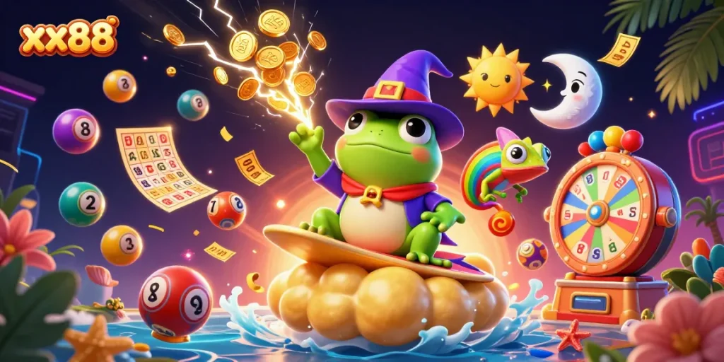 Experience exciting gameplay at xx88 with a storm of golden coins surrounding playful characters.