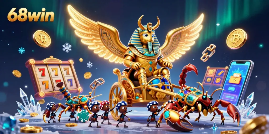 Experience intense gaming excitement with 68win's golden beetle and scorpions showcasing casino victories.