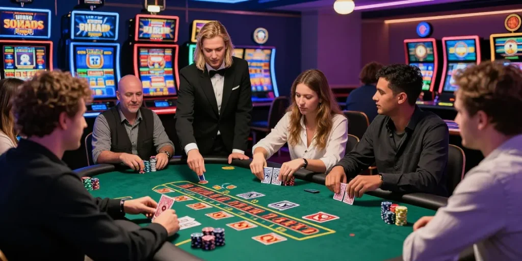 Engaging players at credit card casinos at scoarch.org.uk enjoying live blackjack amid vibrant atmosphere and promotional screens.