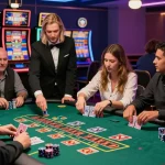 Engaging players at credit card casinos at scoarch.org.uk enjoying live blackjack amid vibrant atmosphere and promotional screens.