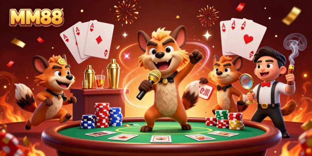 Engage with MM88's vibrant casino atmosphere featuring playful hyenas and poker dynamics.