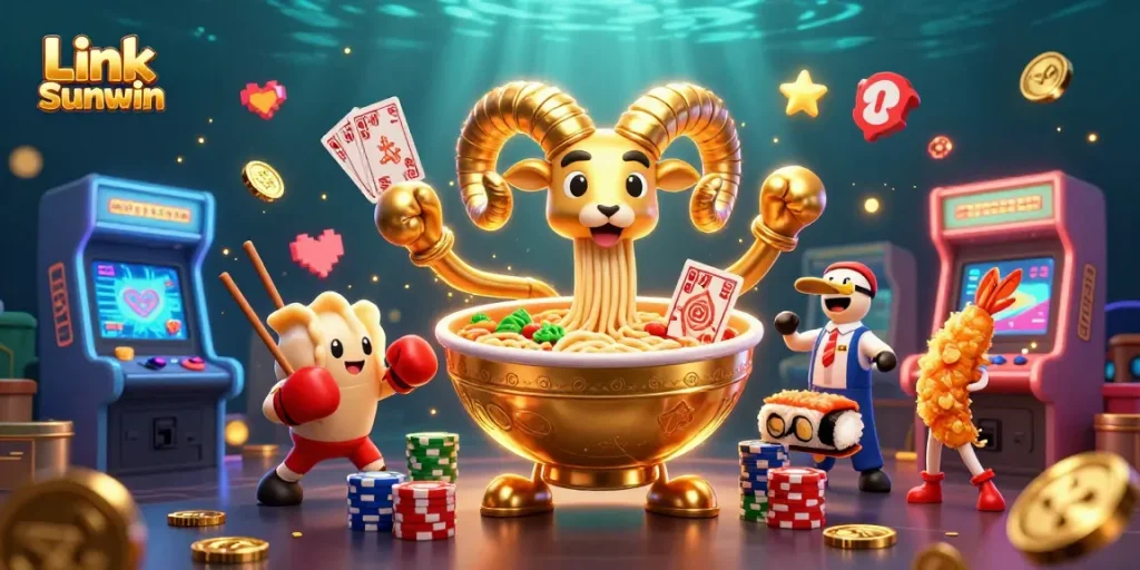 Experience the thrill of Link Sunwin with animated characters playing cards amidst glowing casino elements.