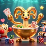 Experience the thrill of Link Sunwin with animated characters playing cards amidst glowing casino elements.