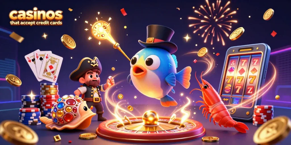 Play exciting games at casinos that accept credit cards with dynamic 3D cartoon characters and vibrant casino elements.