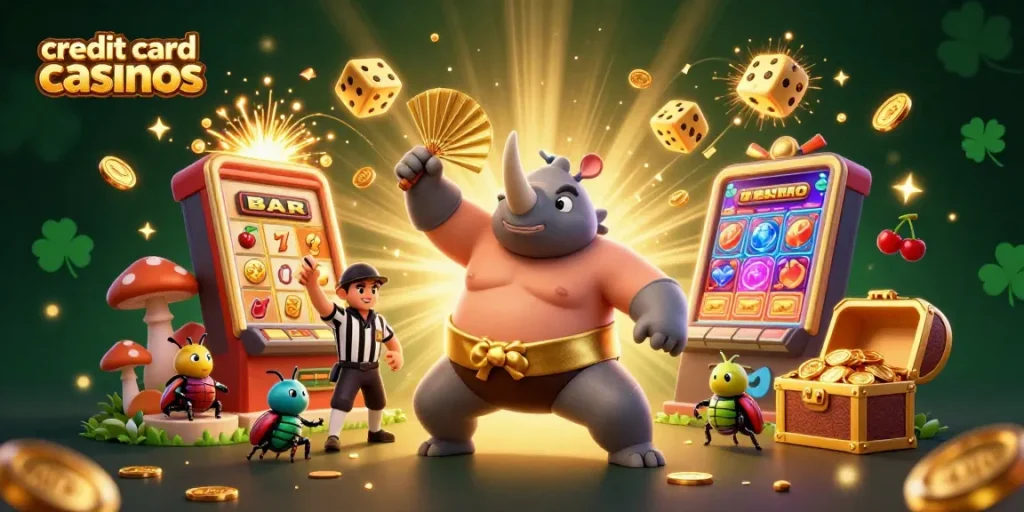 Action-packed scene of credit card casinos showcasing lucky beetles with coins, slots, and vibrant gaming elements.
