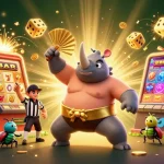 Action-packed scene of credit card casinos showcasing lucky beetles with coins, slots, and vibrant gaming elements.
