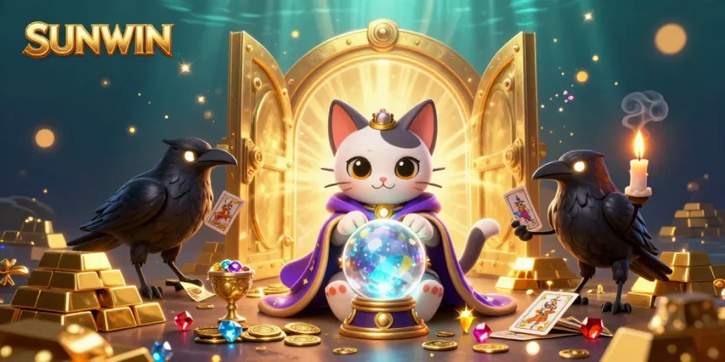 SUNWIN illuminates the excitement of virtual gambling with a vibrant, detailed scene showcasing a mystical cat and enchanted elements.