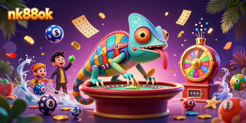 Experience thrilling games at nk88ok with a vibrant chameleon casino owner amidst dynamic lottery elements.