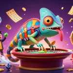 Experience thrilling games at nk88ok with a vibrant chameleon casino owner amidst dynamic lottery elements.