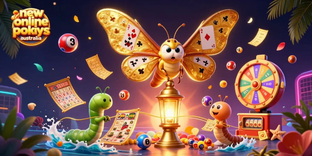 Spin new online pokies Australia with a vibrant 3D scene featuring an atlas moth and casino themes.