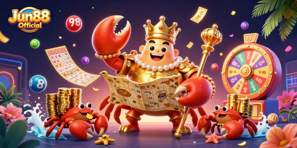 Engage with Jun88 Official in dynamic gaming adventure featuring a golden crab emperor and exciting lottery elements.