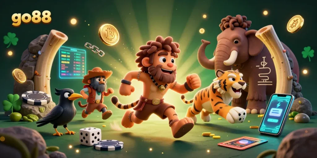 Play thrilling games at go88's prehistoric casino with vibrant characters, crypto coins, and dynamic gaming elements.