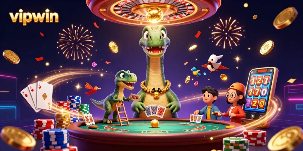 Experience the excitement of vipwin with a quirky dinosaur-themed casino scene full of action!