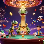 Experience the excitement of vipwin with a quirky dinosaur-themed casino scene full of action!