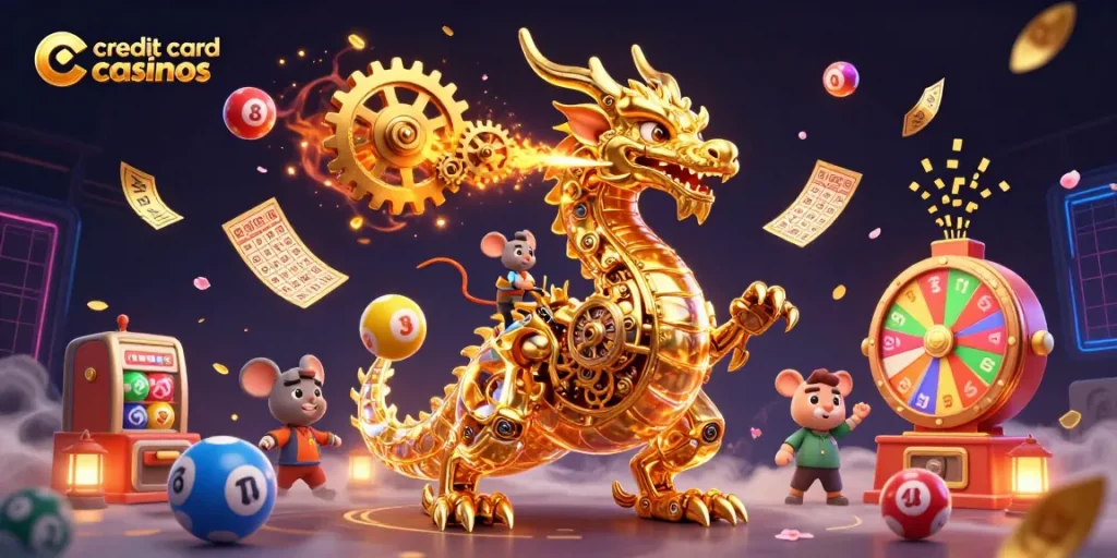 Engage with credit card casinos through vibrant game elements and a whimsical 3D illustration.