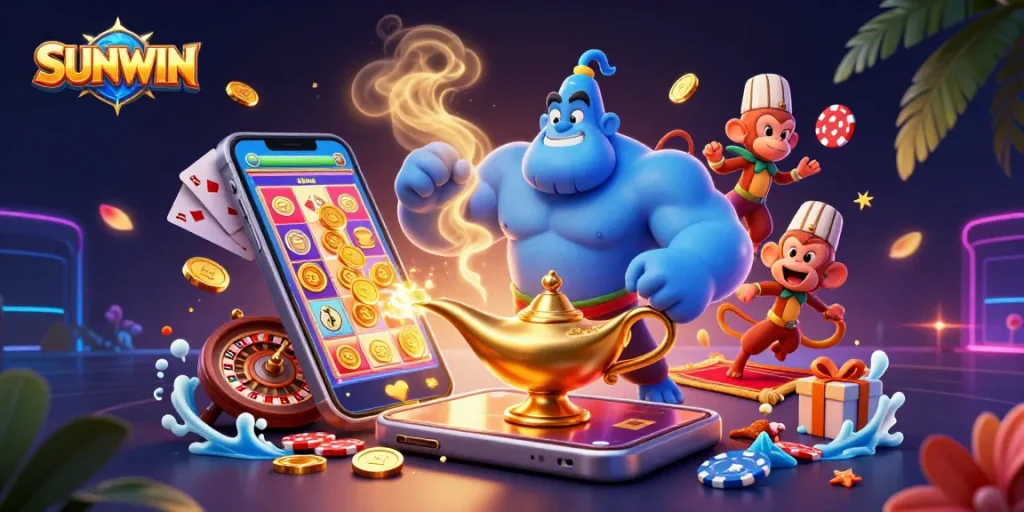 Engage with SUNWIN's thrilling gaming experiences like slots and roulette in this vibrant illustration.