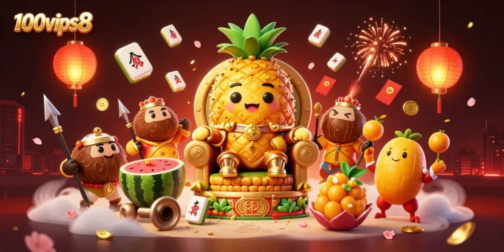 Engage with thrilling gameplay at 100vips8, featuring a golden pineapple king and vibrant casino elements.