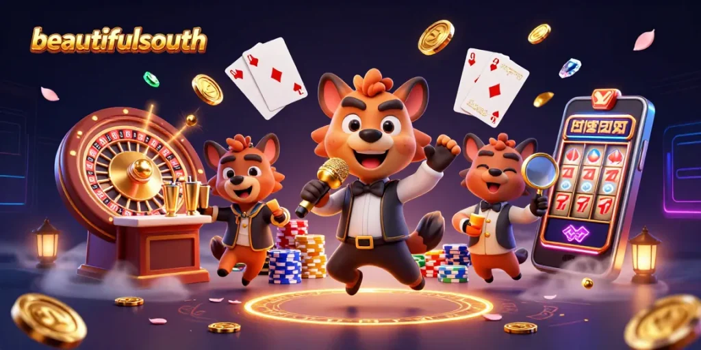 beautifulsouth offers an engaging scene with hyenas in a vibrant casino atmosphere, showcasing lively gaming action.