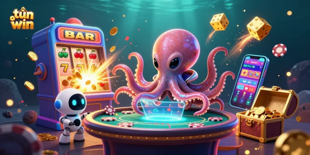 Engage in tải sun win with an alien octopus at a vibrant holographic casino table.