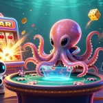 Engage in tải sun win with an alien octopus at a vibrant holographic casino table.