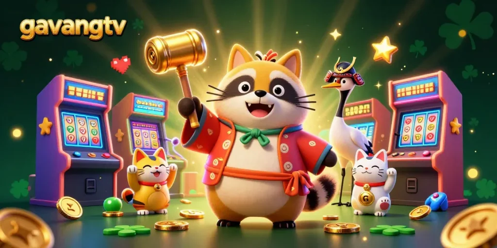 Engage with gavangtv's vibrant casino scene featuring a cheerful tanuki and colorful gaming elements.