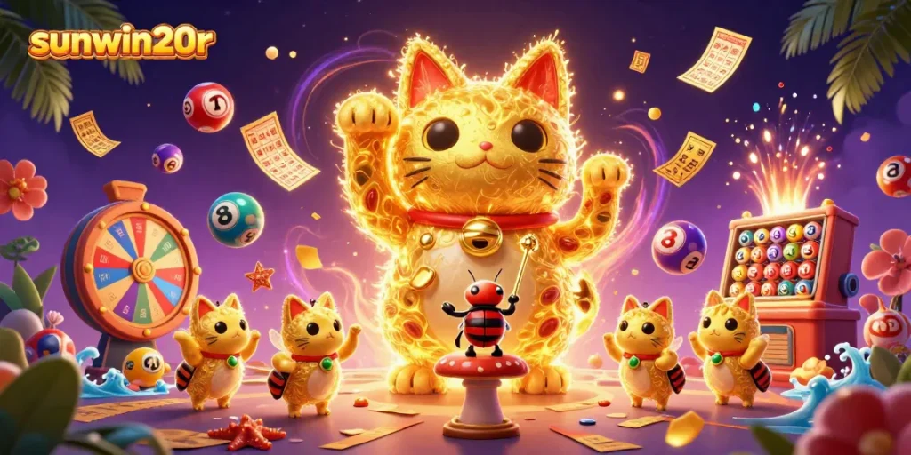 Engage in gaming excitement at sunwin20r with vibrant casino symbols and lively game elements.